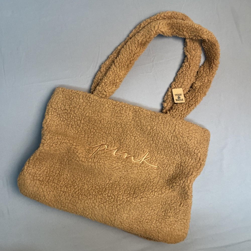 Victoria's Secret VS PINK Plush Sherpa Tote Bag Tan Brown Logo